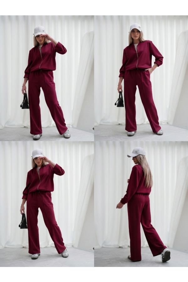 Luksusowy Komplet Damski Masełko Bluza Rozpinana + Spodnie Wide Leg Premium Soft Touch Elegancja & Komfort - bordowy